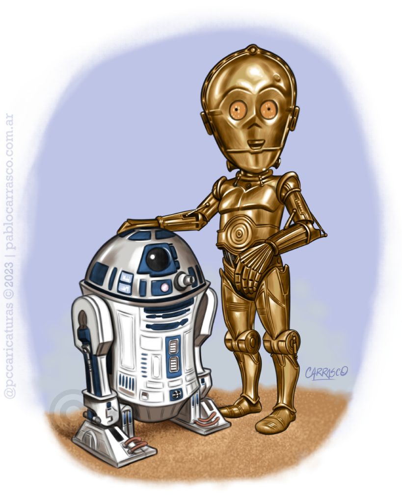 Caricatura de Arturito y C-3PO (2023).