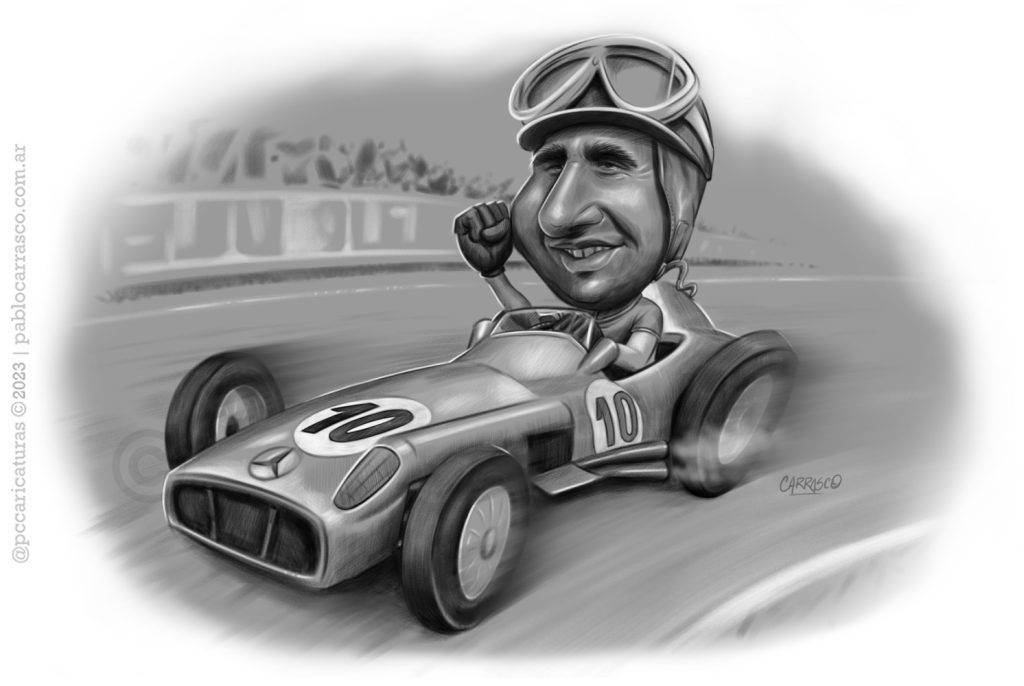 Caricatura de Juan Manuel Fangio (2023).