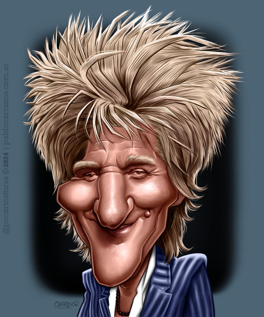 Caricatura de Rod Stewart (2024).