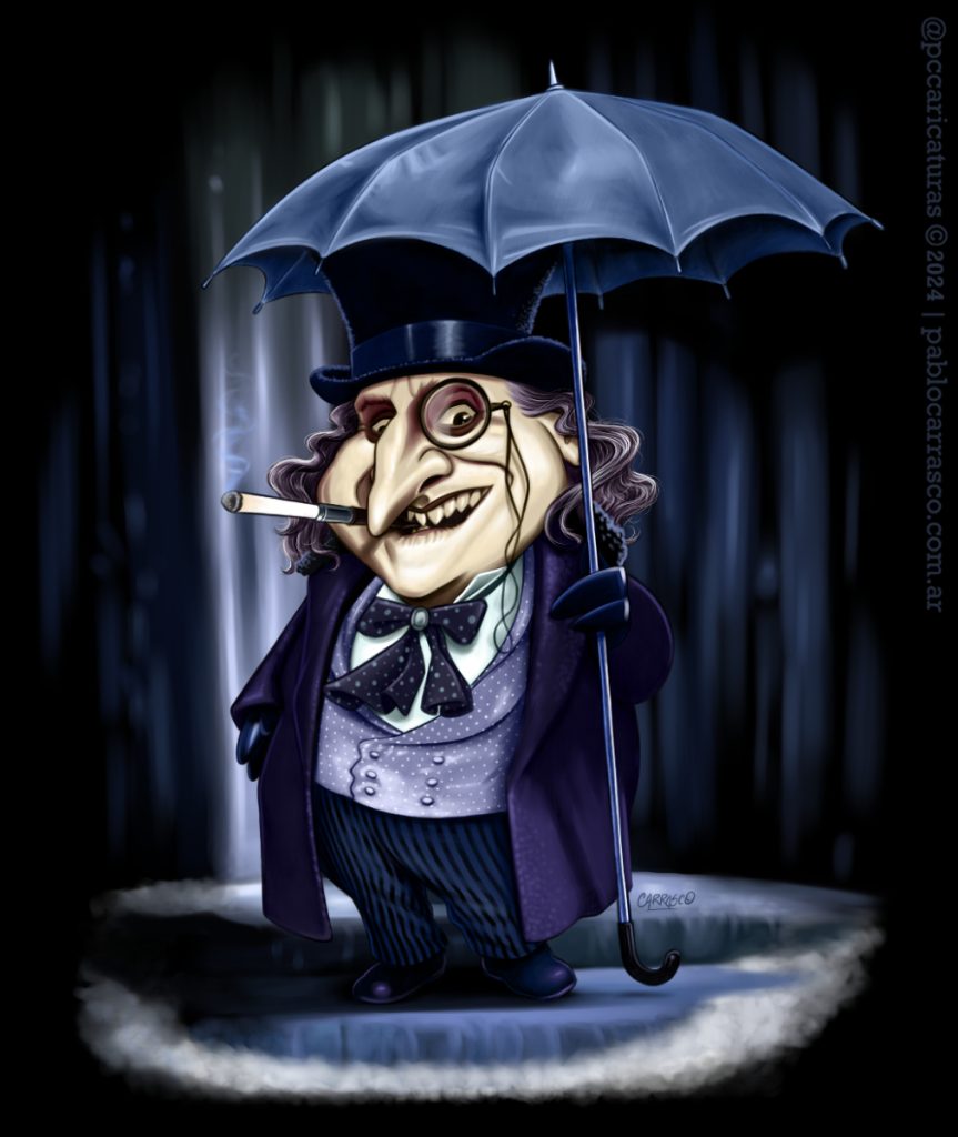 Caricatura de El Pingüino (Danny DeVito) (2024).
