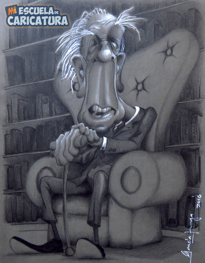 Caricatura de Jorge Luis Borges, según Gustavo Zúñiga (lápices polychromos)
